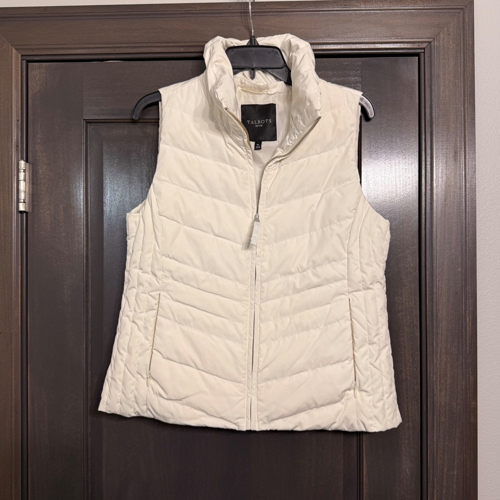 Talbots Petite Ivory Quilted Down Puffer Vest Cream Full Zip Size Medium P